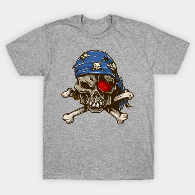 Pirate skull crossbones blue bandanna red eye patch T-Shirt by pickledpossums